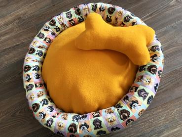 Schnoodle Welpenbett Hundebett ca. 60 cm *UNIKAT* Gelb mit Kuschelknochen